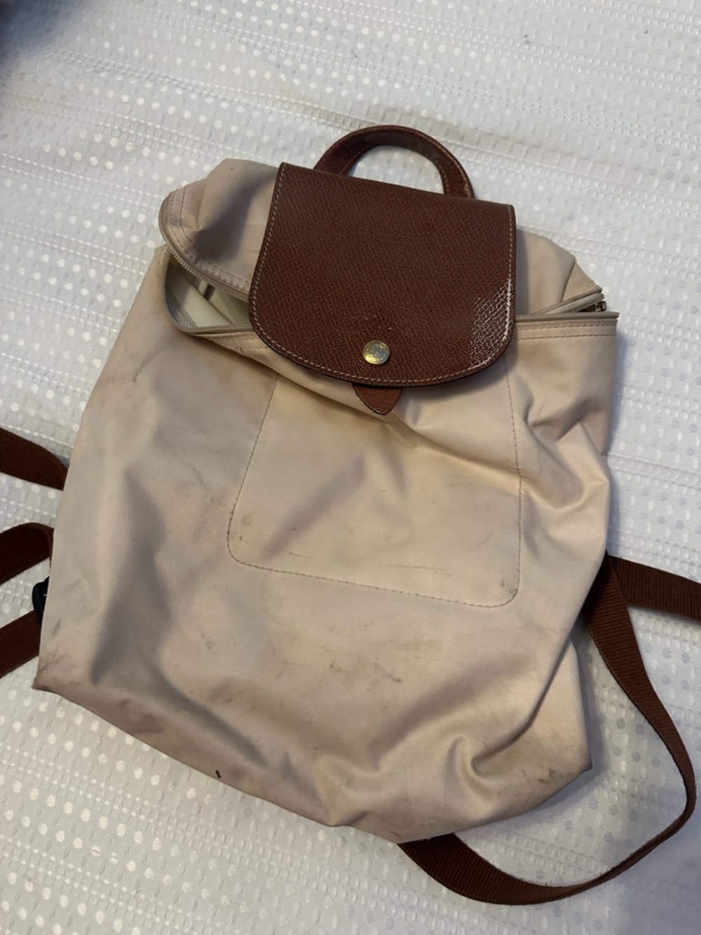 Longchamp Beige Backpack with Brown Flap